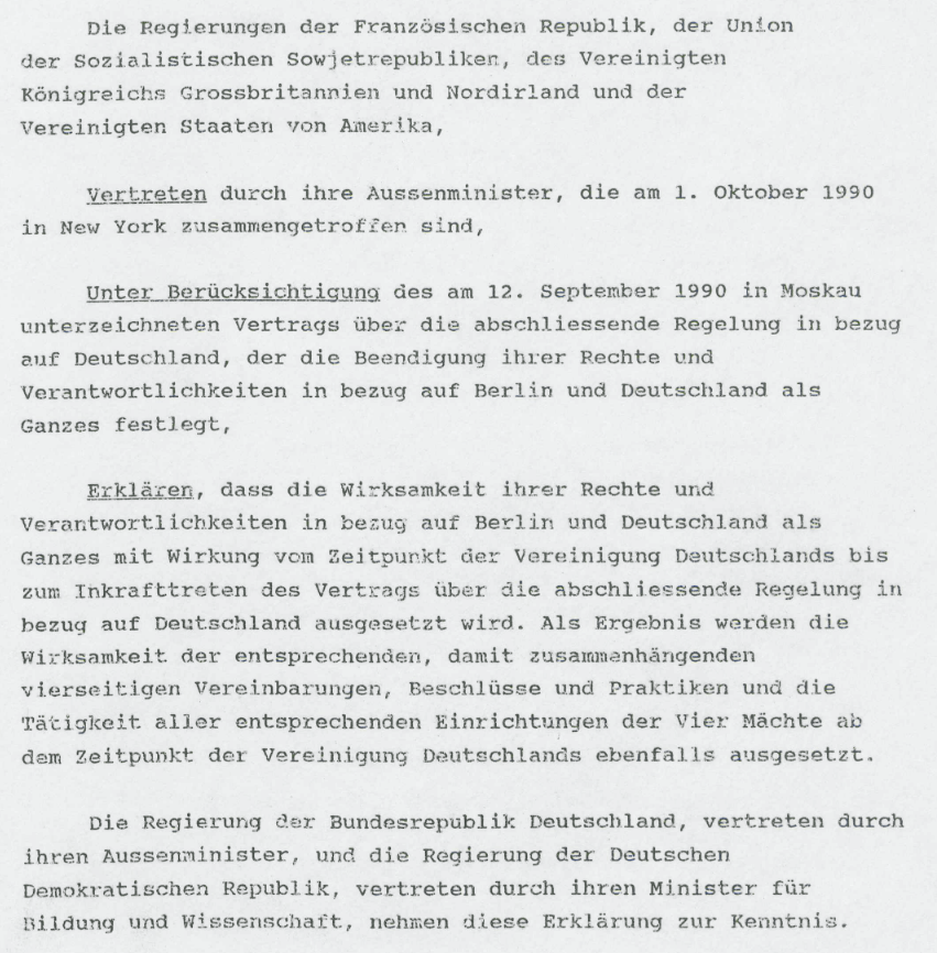 Erklärung der vier Siegermächte zum 2+4-Vertrag